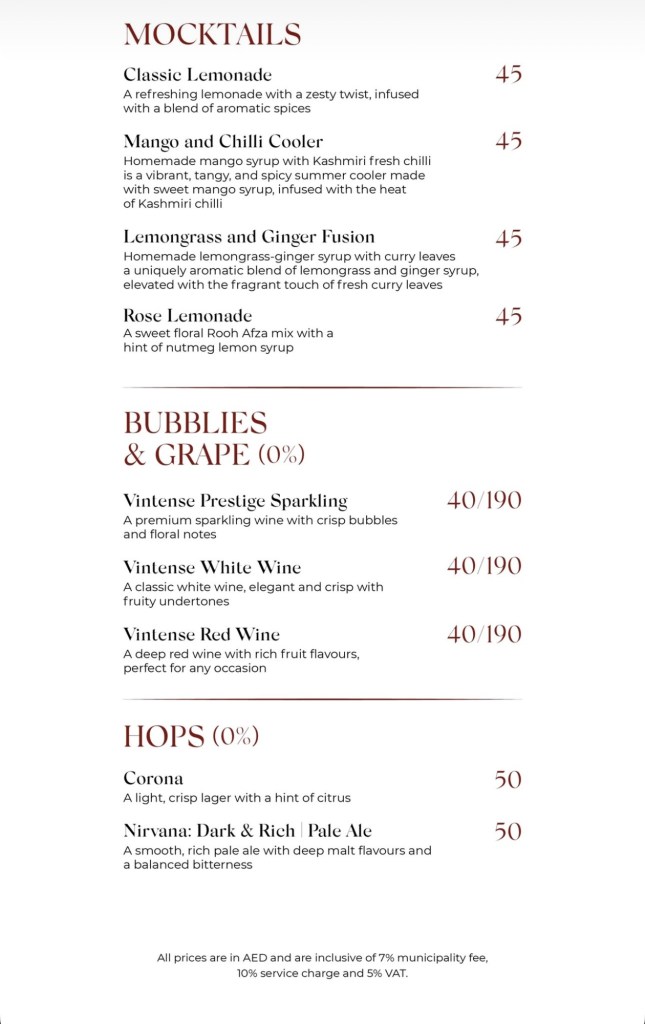 Mausam Indian restaurant Dubai Mall beverage menu