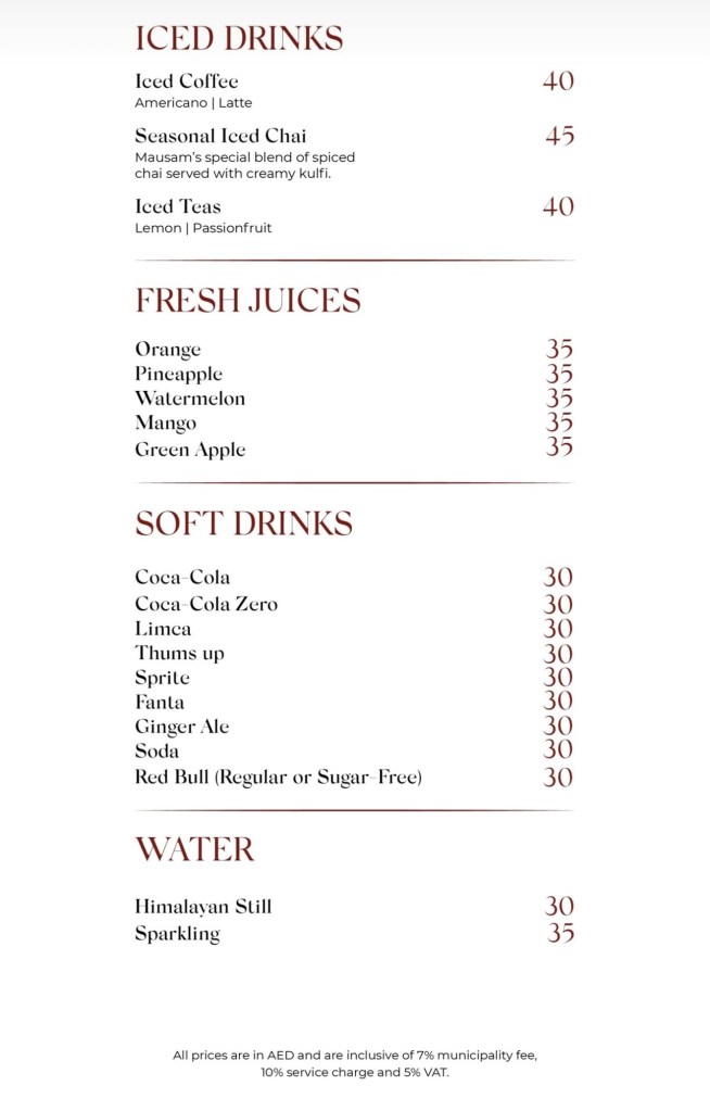 Mausam Indian restaurant Dubai Mall beverage menu