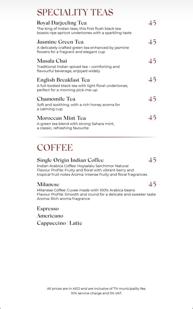 Mausam Indian restaurant Dubai Mall beverage menu