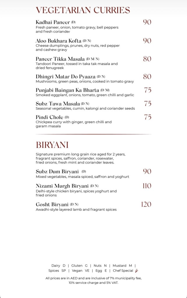Mausam Indian restaurant Dubai Mall menu
