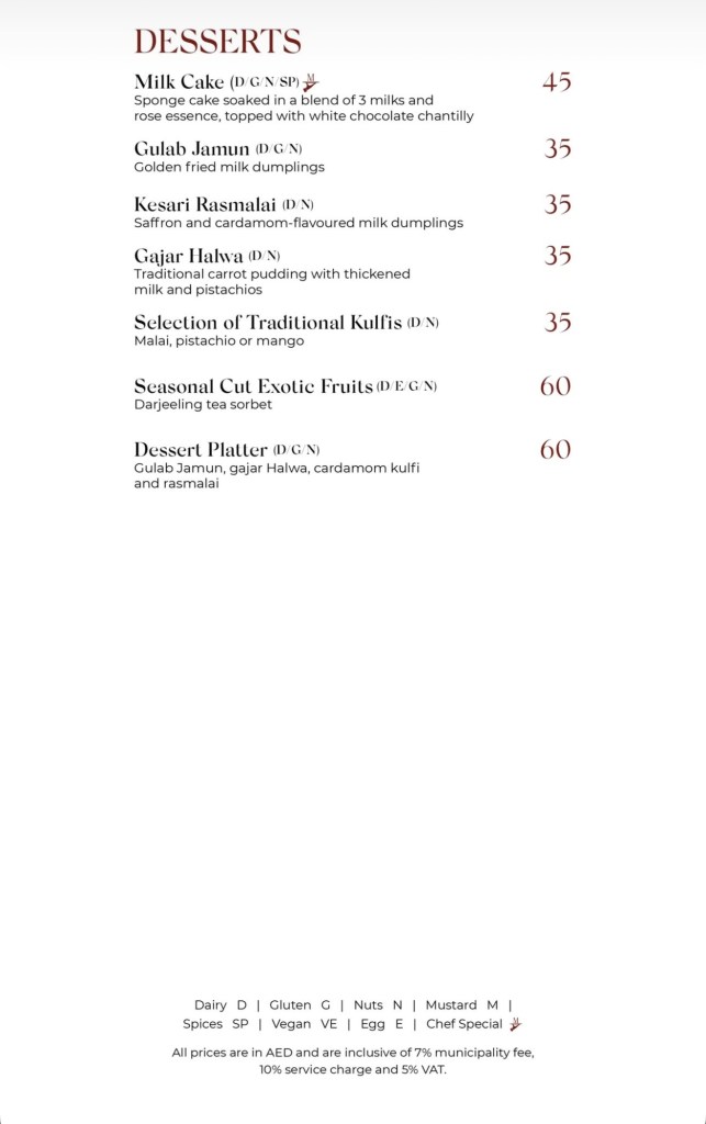 Mausam Indian restaurant Dubai Mall menu