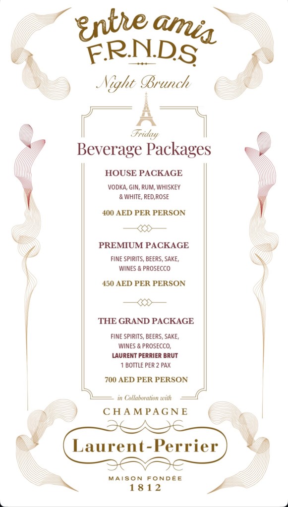 Entre Amis night brunch in Downtown Dubai menu