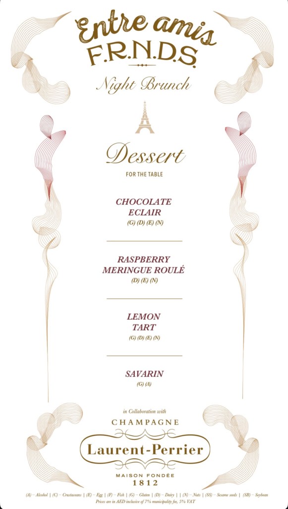 Entre Amis night brunch in Downtown Dubai menu