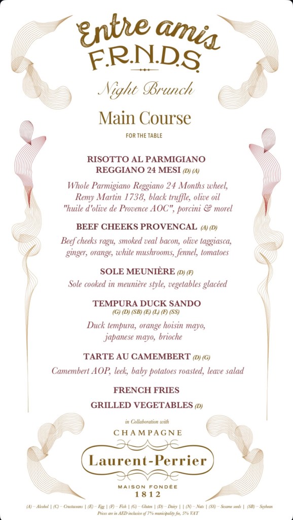 Entre Amis night brunch in Downtown Dubai menu